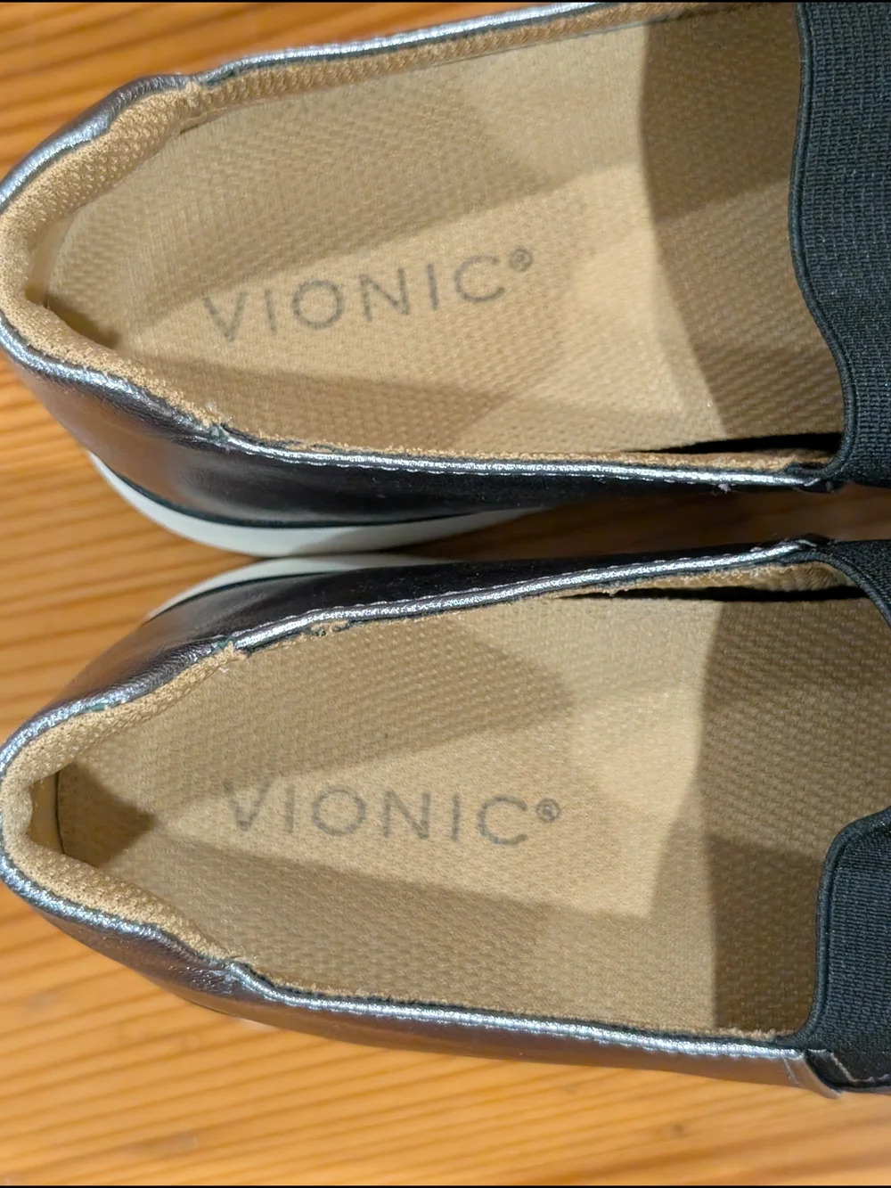 Vionic Metallic Pewter Slip-On Mary Jane Flats with Black Elastic Strap